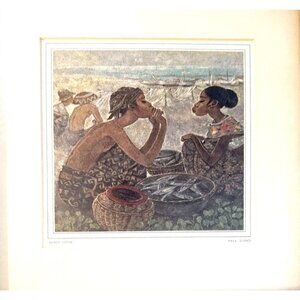 Framed Art Print Beach Scene By Indonesian Artist Suandi 10.5x11” Folk Art